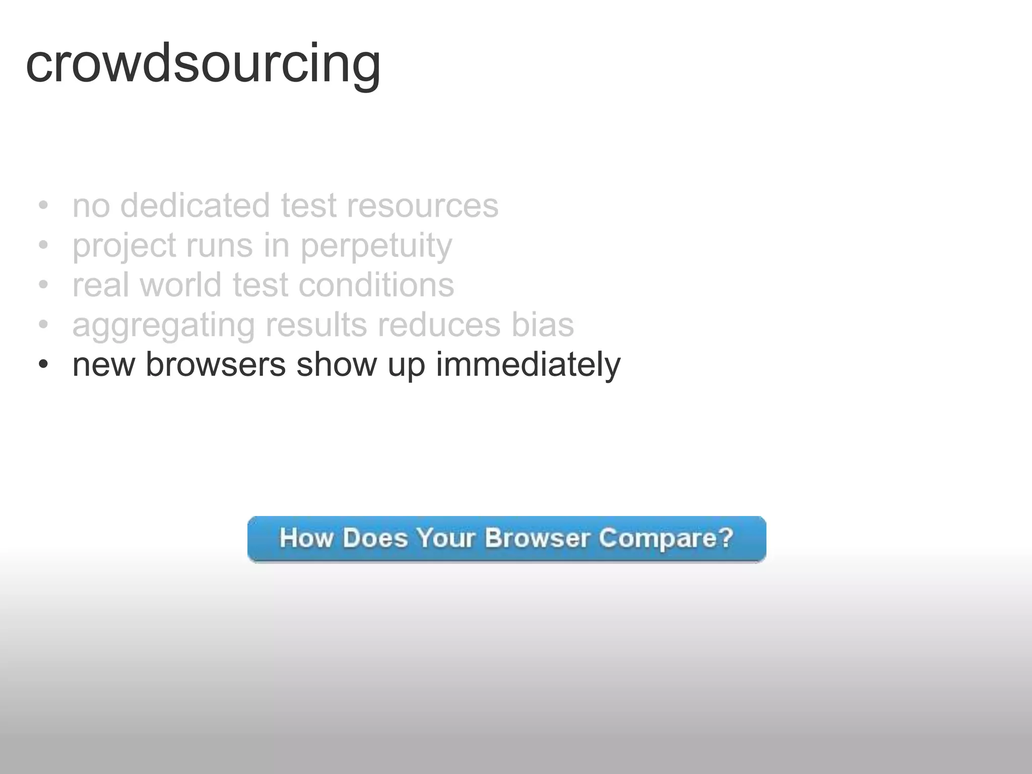 crowdsourcing

•   no dedicated test resources
•   project runs in perpetuity
•   real world test conditions
•   aggregating results reduces bias
•   new browsers show up immediately
 