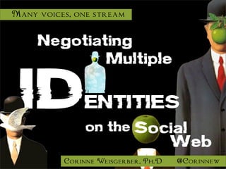 Many voices, one stream


     Negotiating
                    Multiple


 ID            ENTITIES
               on the Social
                                     Web
          Corinne Weisgerber, Ph.D   @Corinnew
 