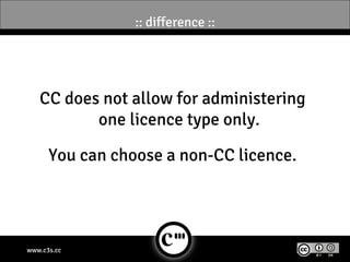 :: difference ::




   CC does not allow for administering
          one licence type only.

      You can choose a non-CC licence.




www.c3s.cc
 