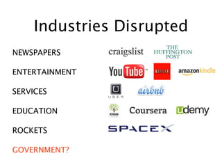 Industries Disrupted
NEWSPAPERS
ENTERTAINMENT
SERVICES
EDUCATION
ROCKETS
GOVERNMENT?