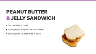 PEANUT BUTTER
& JELLY SANDWICH
find two slices of bread
spread peanut butter on one slice of bread
spread jelly on the other slice of bread
 