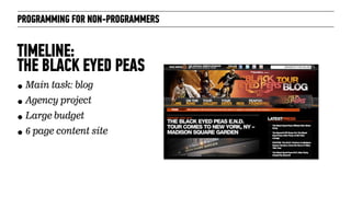 PROGRAMMING FOR NON-PROGRAMMERS
TIMELINE:  
THE BLACK EYED PEAS
• Main task: blog
• Agency project
• Large budget
• 6 page content site
 