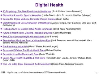 Digital Health
 3D Bioprinting: The Next Revolution in Healthcare (Scott Collins, Laura Bosworth)
 Biometrics & Identity: Beyond Wearable (Leslie Saxon, John C. Havens, Heather Schlegel)
 Design Rx: Digital Medicine Combats Chronic Disease (Sean Duffy)
 Digital Health and Consumerization of Healthcare (James Temple, Ray Bradford, Mike Lee, Beth
Seidenberg)
 Finding a Cure for Cancer: What Needs to Change (David Kopp, Ann Silberman)
 Future of Health Tech: Creating Predictive Devices (Cédric Hutchings)
 iDiet; iDid-it! Losing Weight with Wearables (Joy Banner)
 Personalised Medicine: From a Vision into a Plan (Jack Bowman, Konrad Karczewski, Mark
Bartlett, Kristine Ashcraft)
 The Pharmacy Inside You (Martin Blaser, Robert Langer)
 Promise & Pitfalls of Too Much Health Data (Michael Smith)
 Revolutionizing Healthcare with Data (Anne Wojcicki)
 Caring About Health: Big Data & Well-Being (Tom Rath, Ben Leedle, Jennifer Pfahler, Dean
Ornish, MD)
 Your Life in Big Data: Drugs and the Environment (Chirag Patel, Nicholas Tatonetti)
11出典： http://sxsw.com/interactive/conference/2015-sessions#health
 