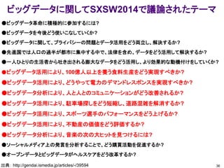 ビッグデータに関してSXSW2014で議論されたテーマ
36出典： http://gendai.ismedia.jp/articles/-/39594
●ビッグデータ革命に積極的に参加するには?
●ビッグデータを今後どう使いこなしていくか?
●ビッグデータに関して、プライバシーの問題とデータ活用をどう両立し、解決するか?
●先進国では人口の過半が都市に集中する中で、法律を含め、データをどう活用して解決するか?
●一人ひとりの生活者から吐き出される膨大なデータをどう活用し、より効果的な動機付けをしていくか?
●ビッグデータ活用により、100億人以上を養う食料生産をどう実現すべきか?
●ビッグデータ活用により、どうやって電力のデマンドレスポンスを実現すべきか?
●ビッグデータ分析により、人と人とのコミュニケーションがどう改善されるか?
●ビッグデータ活用により、駐車場探しをどう短縮し、道路混雑を解消するか?
●ビッグデータ活用により、スポーツ選手のパフォーマンスをどう上げるか?
●ビッグデータ活用により、不動産の価値をどう評価するか?
●ビッグデータ分析により、音楽の次の大ヒットを見つけるには?
●ソーシャルメディア上の発言を分析することで、どう購買活動を促進するか?
●オープンデータとビッグデータがヘルスケアをどう改革するか?
 