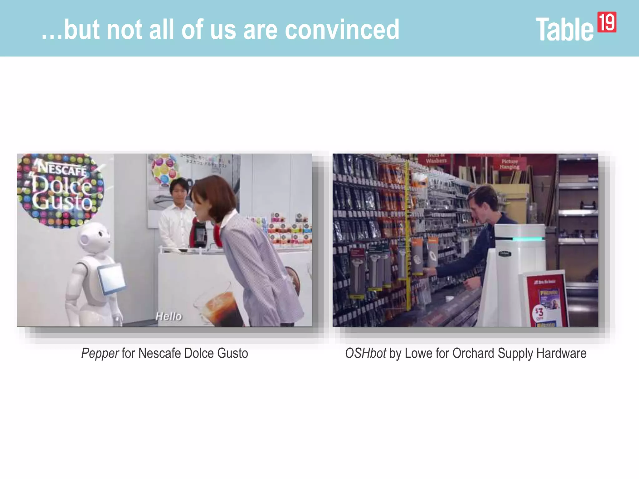 …but not all of us are convinced
Pepper for Nescafe Dolce Gusto OSHbot by Lowe for Orchard Supply Hardware
 