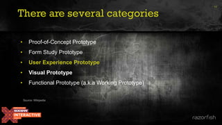 There are several categories
• Proof-of-Concept Prototype
• Form Study Prototype
• User Experience Prototype
• Visual Prototype
• Functional Prototype (a.k.a Working Prototype)
14
Source: Wikipedia
 
