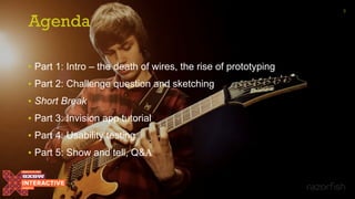 Agenda
• Part 1: Intro – the death of wires, the rise of prototyping
• Part 2: Challenge question and sketching
• Short Break
• Part 3: Invision app tutorial
• Part 4: Usability testing
• Part 5: Show and tell, Q&A
3
 