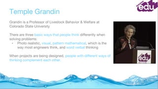 Temple Grandin
Grandin is a Professor of Livestock Behavior & Welfare at
Colorado State University
There are three basic ways that people think differently when
solving problems:
• Photo realistic, visual, pattern mathematical, which is the
way most engineers think, and word verbal thinking
When projects are being designed, people with different ways of
thinking complement each other.
 
