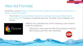 New Ad Formats
BuzzFeed unveiled Swarm, a new ad format to create mass awareness of an event to
gather a swarm of people.
• The format allows advertisers to launch a campaign across all of BuzzFeed’s
social accounts: Facebook, Snapchat Discover, YouTube, Vine, Instagram and
Tumblr.
AdBlock Plus indicated they will be releasing a new revenue
model for publishers.
• Speculation surrounds the idea that publishers could be
able to pay to get their ads unblocked.
 