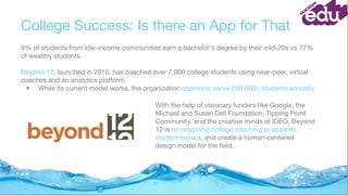 College Success: Is there an App for That
9% of students from low-income communities earn a bachelor’s degree by their mid-20s vs 77%
of wealthy students.
Beyond 12, launched in 2010, has coached over 7,000 college students using near-peer, virtual
coaches and an analytics platform.
• While its current model works, the organization aspires to serve 250,000+ students annually
With the help of visionary funders like Google, the
Michael and Susan Dell Foundation, Tipping Point
Community, and the creative minds at IDEO, Beyond
12 is re-imagining college coaching to scale its
student impact, and create a human-centered
design model for the field.
 