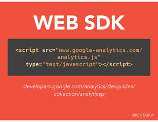<script src="www.google-analytics.com/
analytics.js"
type="text/javascript"></script>
@KENTABOR
WEB SDK
developers.google....