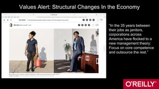 Values Alert: Structural Changes In the Economy
“In the 35 years between
their jobs as janitors,
corporations across
America have flocked to a
new management theory:
Focus on core competence
and outsource the rest.”
 