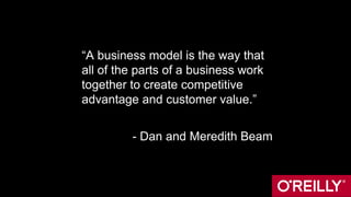 “A business model is the way that
all of the parts of a business work
together to create competitive
advantage and customer value.”
- Dan and Meredith Beam
 