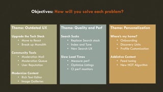 Objectives: How will you solve each problem?
Theme: Outdated UX
Upgrade the Tech Stack
• Move to React
• Break up Monolith
Community Tools
• Moderation Mail
• Moderation Queue
• User Reputation
Modernize Content
• Rich Text Editor
• Image Galleries
Theme: Quality and Perf
Search Sucks
• Replace Search stack
• Index and Tune
• New Search UX
Slow Load Times
• Measure perf
• Optimize Listings
• CI perf monitors
Theme: Personalization
Where’s my home?
• Onboarding
• Discovery Units
• Profile Customization
Addictive Content
• Feed tuning
• New HOT Algorithm
 