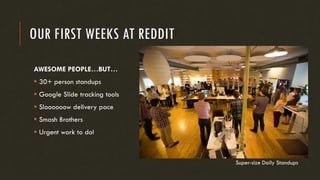 OUR FIRST WEEKS AT REDDIT
AWESOME PEOPLE…BUT…
▪ 30+ person standups
▪ Google Slide tracking tools
▪ Sloooooow delivery pace
▪ Smash Brothers
▪ Urgent work to do!
Super-size Daily Standups
 