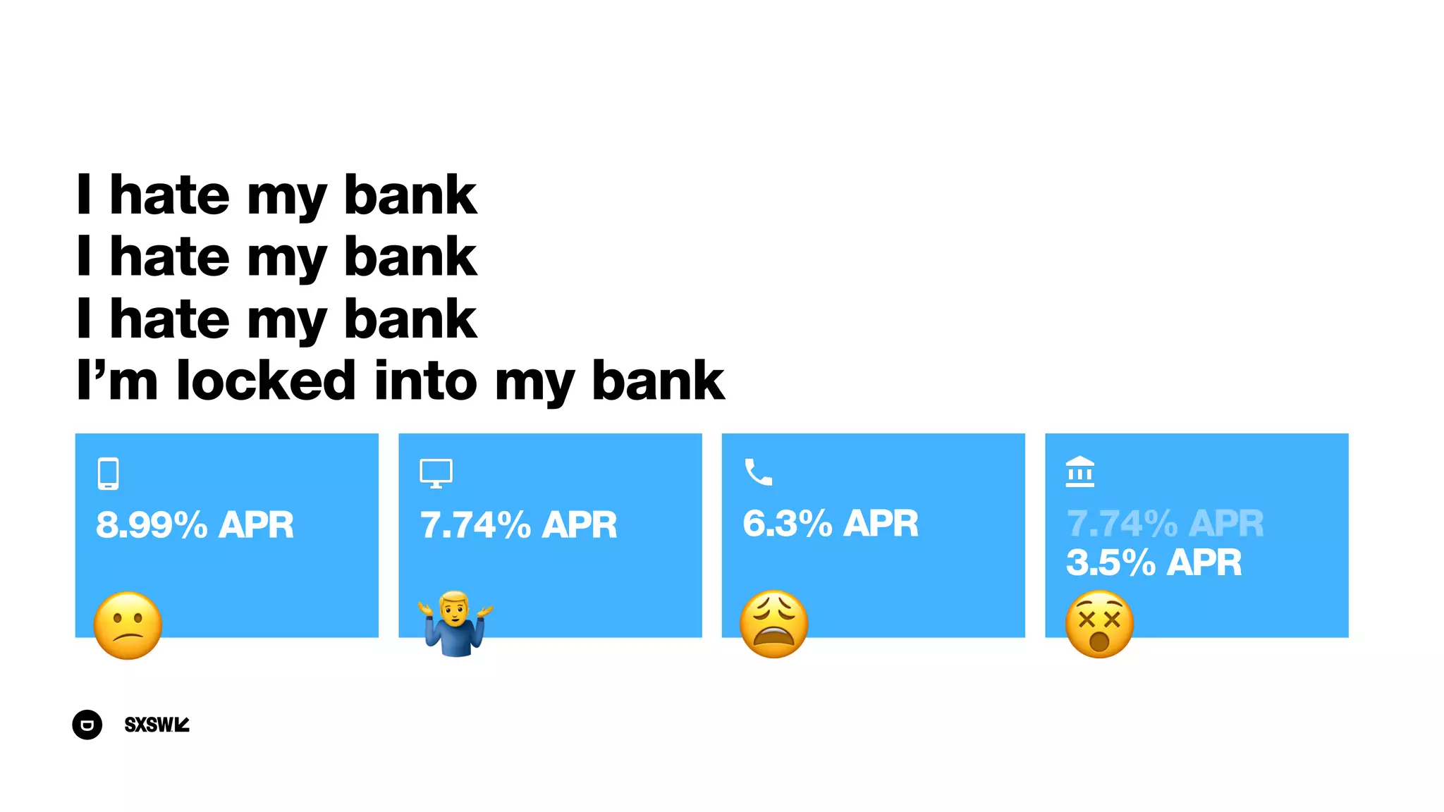 I hate my bank
I hate my bank
I hate my bank
I’m locked into my bank
7.74% APR
3.5% APR
😵
8.99% APR
😕
7.74% APR
"
6.3% APR
😩
 