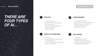 DID YOU KNOW?
4
2 LIMITED MEMORY
SELF-AWARE3
1 REACTIVE
THEORY OF KNOWLEDGE
• The most basic form of AI
• Perceives environment directly and acts
• Cannot form memories
• Cannot reference past experiences to
determine future actions
• Typically specialized
• Can consider past information
• Utilizes memory or experiences within limits
• Uses these memories or experience to
evaluate decisions and actions
• Example: self-driving cars
4
• Yet to be built
• Advanced capabilities to interpret the world
or environment around it
• Can form information based on observations
• Emotional understanding
• Yet to be built
• Most sophisticated form of AI
• Can observe and interpret the world
• Capable of consciousness and emotions
• Can anticipate emotions of others
ARTIFICIAL INTELLIGENCE
THERE ARE
FOUR TYPES
OF AI…
 