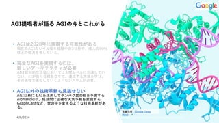 4/9/2024 All Copyrights reserved by Nissho Electronics USA Corp 16
AGI提唱者が語る AGIの今とこれから
• AGIは2028年に実現する可能性がある
現在のAGIのレベルは５段階中の3つ目で、成人の90％
ほどの能力を有している。
• 完全なAGIを実現するには、
新しいアーキテクチャが必要
AIは認知的な活動においては人間レベルに到達してい
ない。AIが自ら目標を立てて、達成する方法を学び、
その過程で進化していくようなシステムが必要。
• AGI以外の技術革新も見逃せない
AGI以外にもAIを活用してタンパク質の形を予測する
AlphaFoldや、短期間に正確な天気予報を実現する
GraphCastなど、世の中を変えるような技術革新があ
る。
写真引用：Google Deep
Mind
 