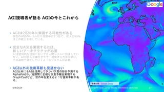 4/9/2024 All Copyrights reserved by Nissho Electronics USA Corp 17
AGI提唱者が語る AGIの今とこれから
• AGIは2028年に実現する可能性がある
現在のAGIのレベルは５段階中の3つ目で、成人の90％
ほどの能力を有している。
• 完全なAGIを実現するには、
新しいアーキテクチャが必要
AIは認知的な活動においては人間レベルに到達してい
ない。AIが自ら目標を立てて、達成する方法を学び、
その過程で進化していくようなシステムが必要。
• AGI以外の技術革新も見逃せない
AGI以外にもAIを活用してタンパク質の形を予測する
AlphaFoldや、短期間に正確な天気予報を実現する
GraphCastなど、世の中を変えるような技術革新があ
る。
写真引用：Google Deep
Mind
 