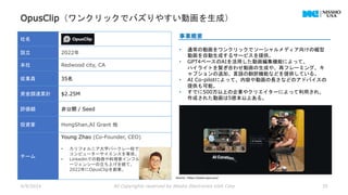 OpusClip（ワンクリックでバズりやすい動画を生成）
4/9/2024 All Copyrights reserved by Nissho Electronics USA Corp 35
社名
設立 2022年
本社 Redwood city, CA
従業員 35名
資金調達累計 $2.25M
評価額 非公開 / Seed
投資家 HongShan,AI Grant 他
チーム
Young Zhao (Co-Founder, CEO)
• カリフォルニア大学バークレー校で
コンピューターサイエンスを専攻。
• Linkedinでの勤務や料理家インフルエンサーのエ
ージェンシーの立ち上げを経て、
2022年にOpusClipを創業。
事業概要
• 通常の動画をワンクリックでソーシャルメディア向けの縦型
動画を自動生成するサービスを提供。
• GPT4ベースのAIを活用した動画編集機能によって、
ハイライトを繋ぎ合わせ動画の生成や、再フレーミング、キ
ャプションの追加、言語の翻訳機能などを提供している。
• AI Co-pilotによって、内容や動画の長さなどのアドバイスの
提供も可能。
• すでに500万以上の企業やクリエイターによって利用され、
作成された動画は5億本以上ある。
Source : https://www.opus.pro/
 