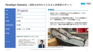 Paradigm Robotics（消防士の代わりとなる人命探索ロボット）
4/9/2024 All Copyrights reserved by Nissho Electronics USA Corp 41
社名
設立 2016年
本社 Austin,TX
従業員 非公開
資金調達累計 非公開
評価額 非公開 / シリーズ不明
投資家 −
チーム
Siddharth Thakur(Founder, CEO)
• テキサス大学オースティン校で
電気電子工学を専攻中。
• Pradigm RoboticsのCEOの他、
データ分析のローコードツールを
提供する企業のCTOも務める。
事業概要
• 消防士に代わって建物内の火災での人命探索を行うことが
できるロボットFirebotを提供。
• Firebotは800mまで無線制御が可能で、カメラや熱画像セン
サー、危険物探知センサー、GPSを搭載している。
• 消防士はFirebotで得られた情報をもとに迅速な救出を実現す
るとともに、消防士自身の危険も最小化させることもできる
。
Source : https://www.paradigmrobotics.tech/
 