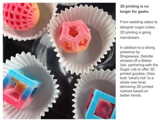 3D printing is no
longer for geeks.
From wedding cakes to
designer sugar cubes,
3D printing is going
mainstream.
In additi...