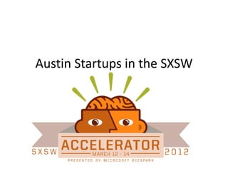 Austin Startups in the SXSW
Accelerator
March 9-10, 2012
 