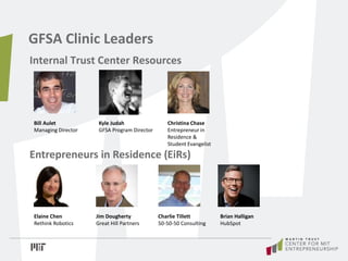 GFSA Clinic Leaders
Internal Trust Center Resources
Bill Aulet
Managing Director
Christina Chase
Entrepreneur in
Residence...