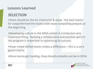 Lessons Learned
SELECTION
•Team should be the #1 criteria far & away - the best teams
far outperformed the teams with more...