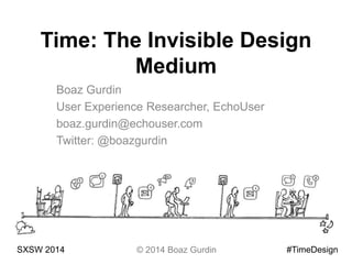 Time: The Invisible Design
Medium
Boaz Gurdin
User Experience Researcher, EchoUser
boaz.gurdin@echouser.com
Twitter: @boazgurdin
#TimeDesignSXSW 2014 © 2014 Boaz Gurdin
 