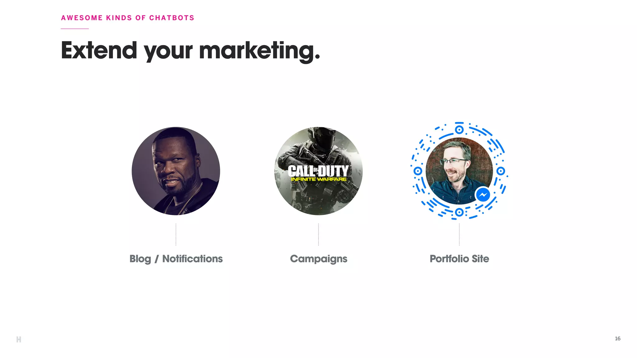 16
Extend your marketing.
AWESOME KINDS OF CHATBOTS
Blog / Notifications Portfolio SiteCampaigns
 