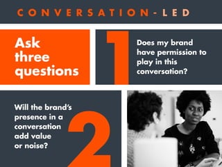 1
2 3
Does my brand
have permission to
play in this
conversation?
Will the brand’s
presence in a
conversation
add value
or...