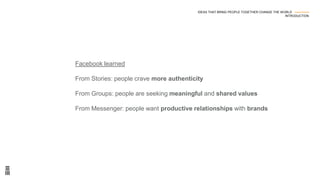Facebook learned
From Stories: people crave more authenticity
From Groups: people are seeking meaningful and shared values
From Messenger: people want productive relationships with brands
IDEAS THAT BRING PEOPLE TOGETHER CHANGE THE WORLD ---------------
INTRODUCTION
 