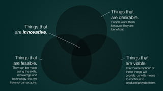 Things that
are desirable.
People want them
because they are
beneﬁcial.
Things that
are feasible.
They can be made
using the skills,
knowledge and
technology that we
have or can acquire.
Things that
are viable.
The “consumption” of
these things will
provide us with means
to continue to
produce/provide them.
Things that
are innovative.
 