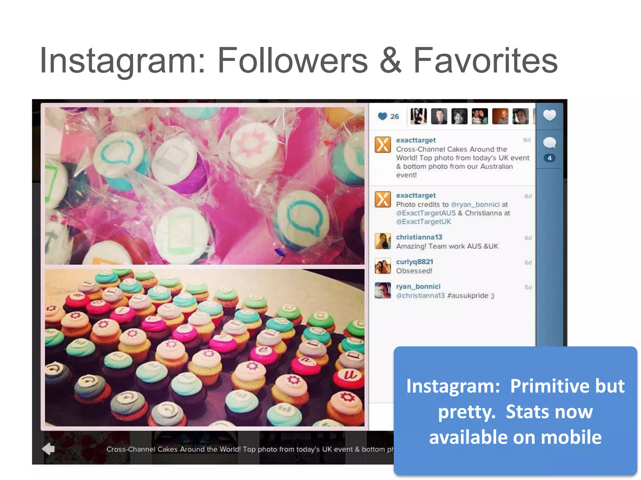Instagram: Followers & Favorites
• >add instagram dashboard<




                              Instagram: Primitive but
                                  pretty. Stats now
                                 available on mobile
 