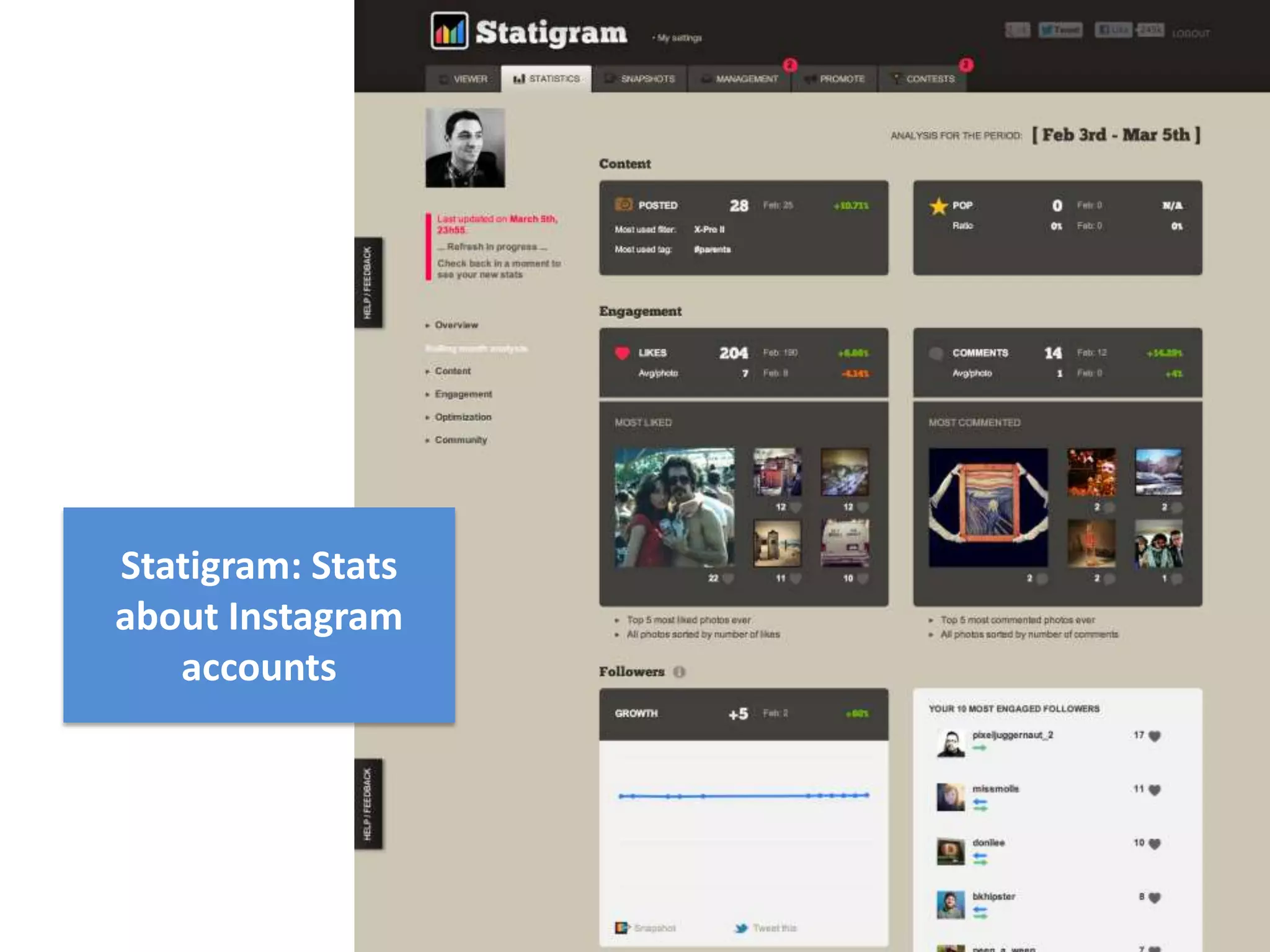 Statigram: Stats
about Instagram
   accounts
 