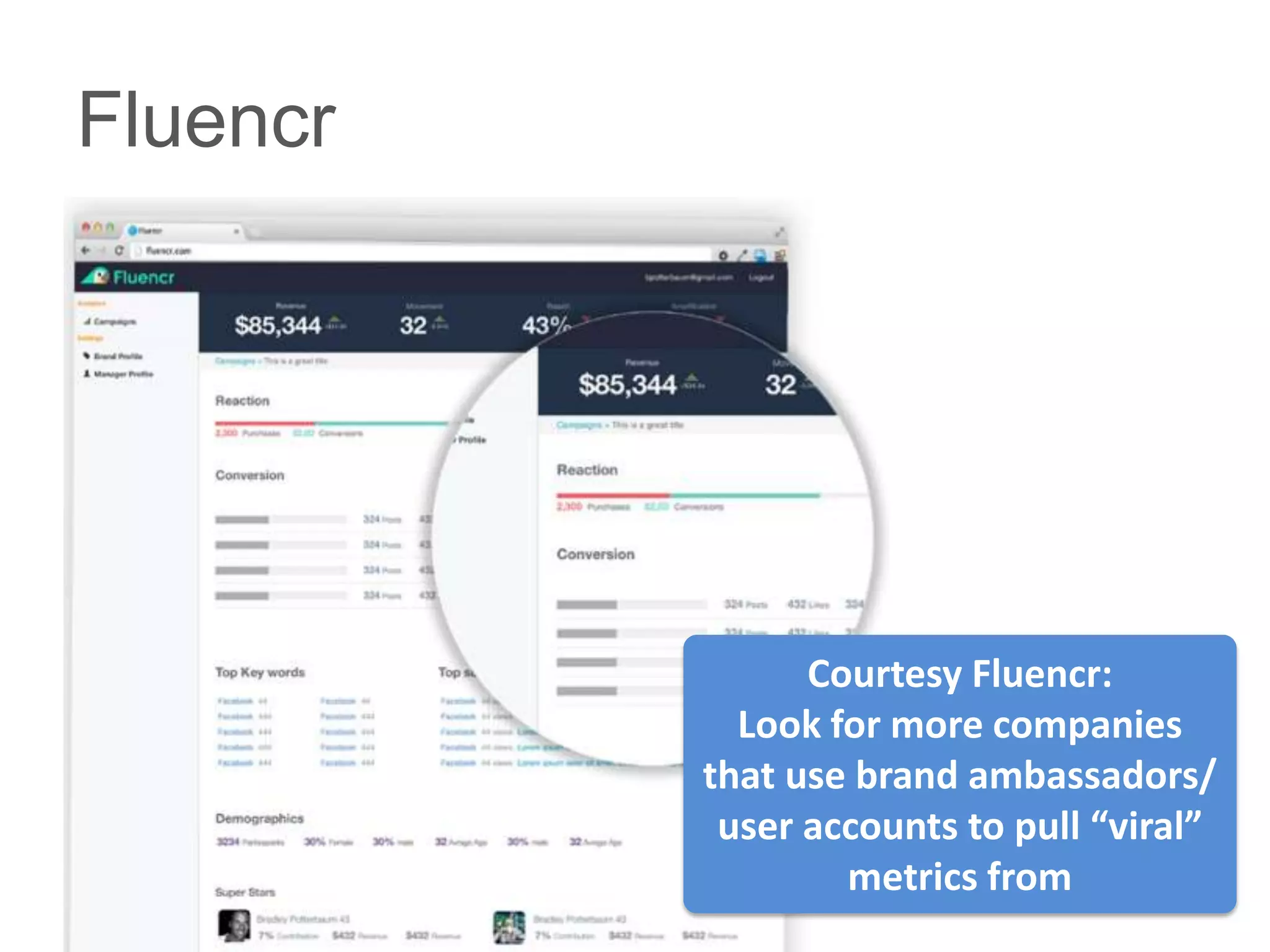 Fluencr




                Courtesy Fluencr:
            Look for more companies
          that use brand ambassadors/
           user accounts to pull “viral”
                  metrics from
 