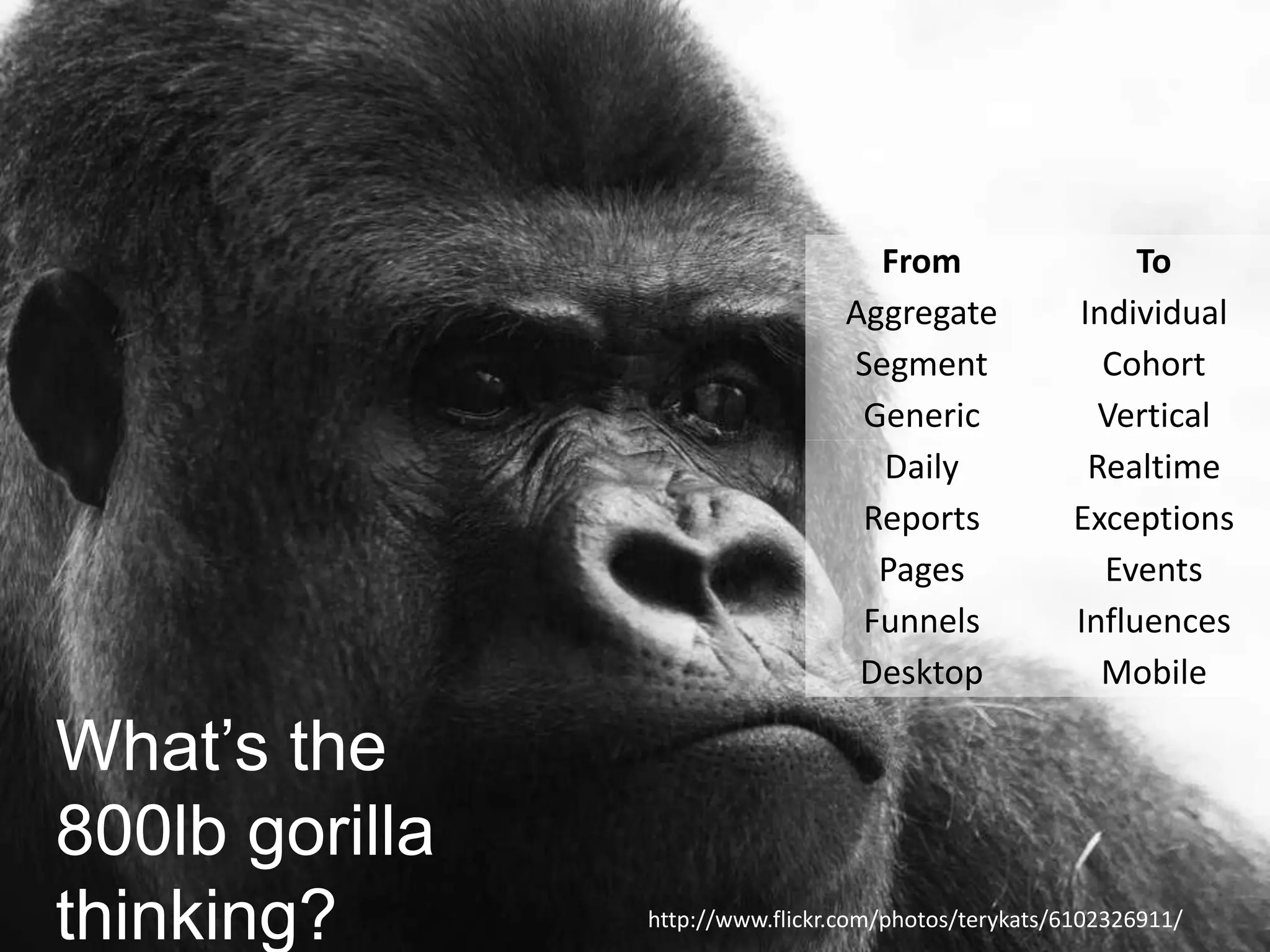 From                   To
                                  Aggregate           Individual
                                  Segment               Cohort
                                   Generic              Vertical
                                    Daily              Realtime
                                   Reports            Exceptions
                                    Pages               Events
                                   Funnels            Influences
                                   Desktop              Mobile

What‘s the
800lb gorilla
thinking?       http://www.flickr.com/photos/terykats/6102326911/
 