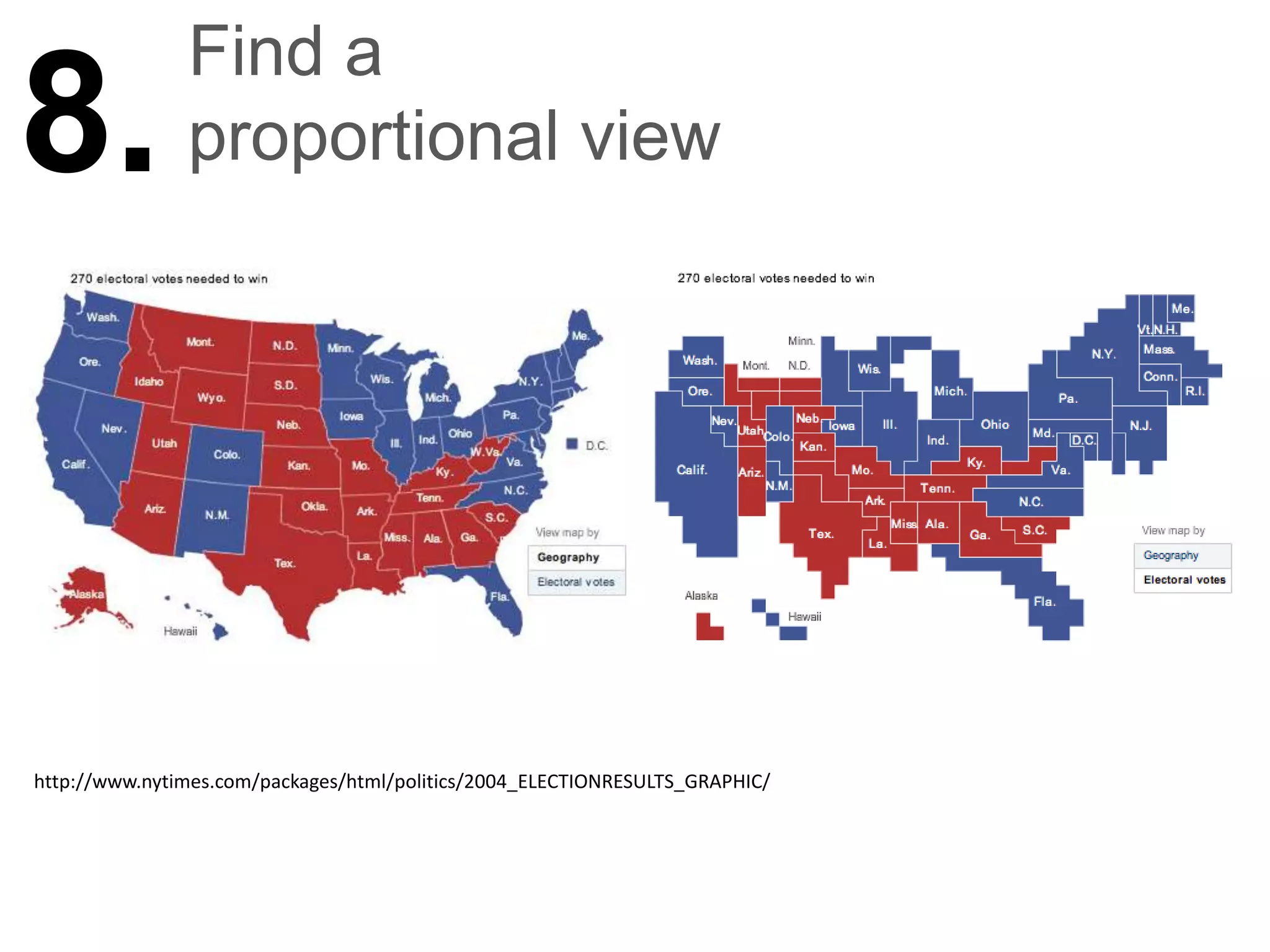 Find a
8.             proportional view




http://www.nytimes.com/packages/html/politics/2004_ELECTIONRESULTS_GRAPHIC/
 