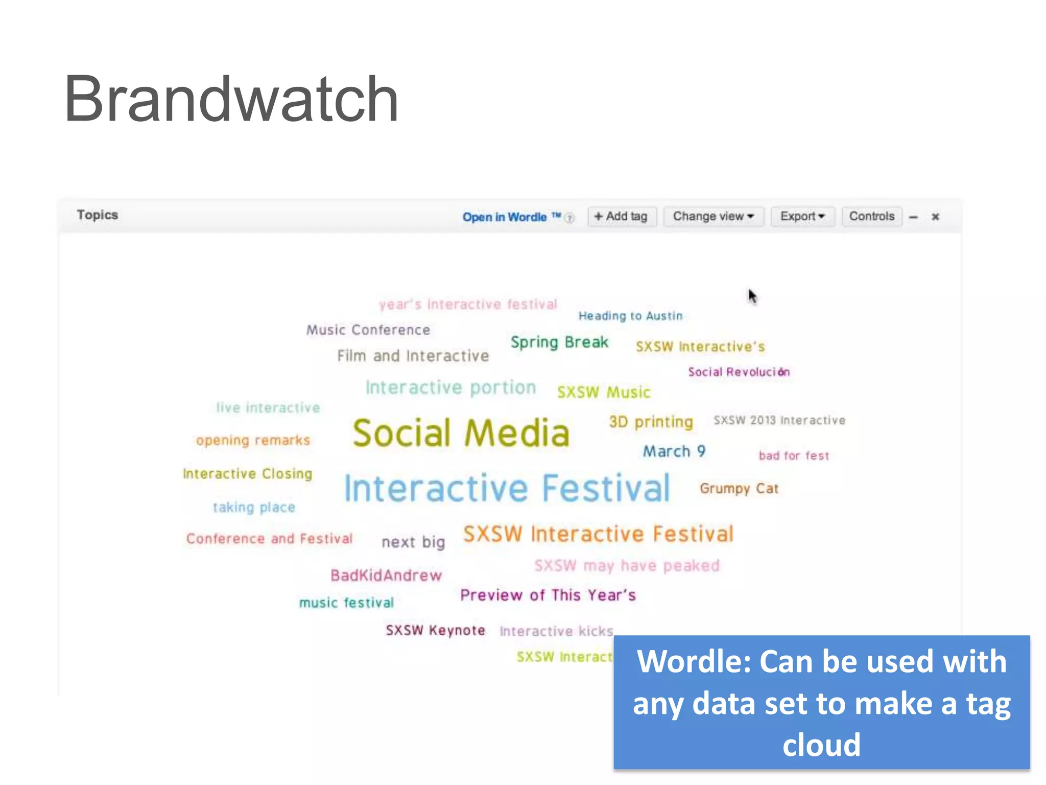 Brandwatch




             Wordle: Can be used with
             any data set to make a tag
                       cloud
 