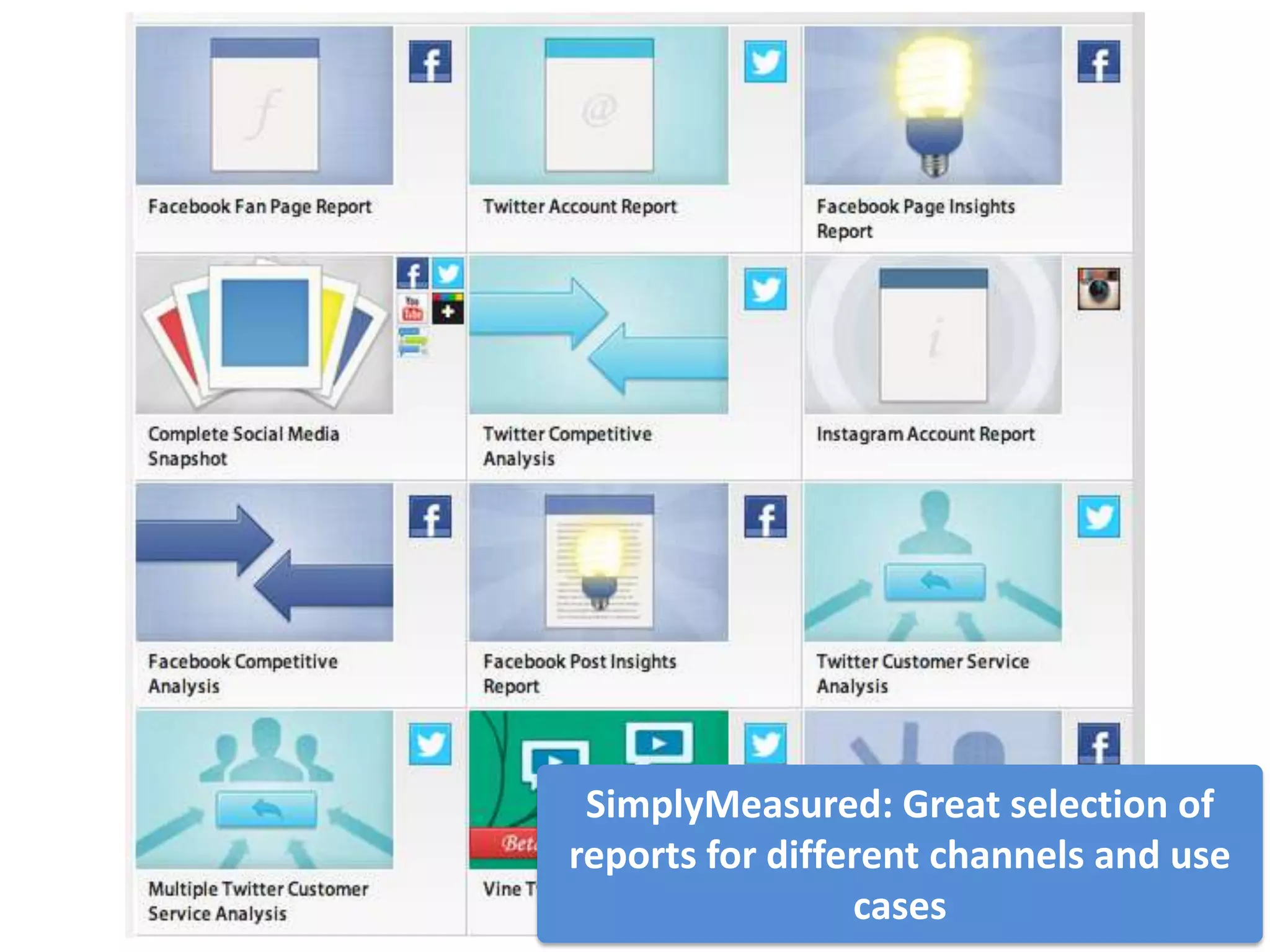 SimplyMeasured: Great selection of
reports for different channels and use
                 cases
 