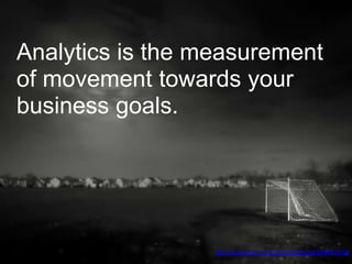 Analytics is the measurement
of movement towards your
business goals.




                  http://www.flickr.com/photos/itsgreg/446061432/
 