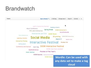 Brandwatch




             Wordle: Can be used with
             any data set to make a tag
                       cloud
 
