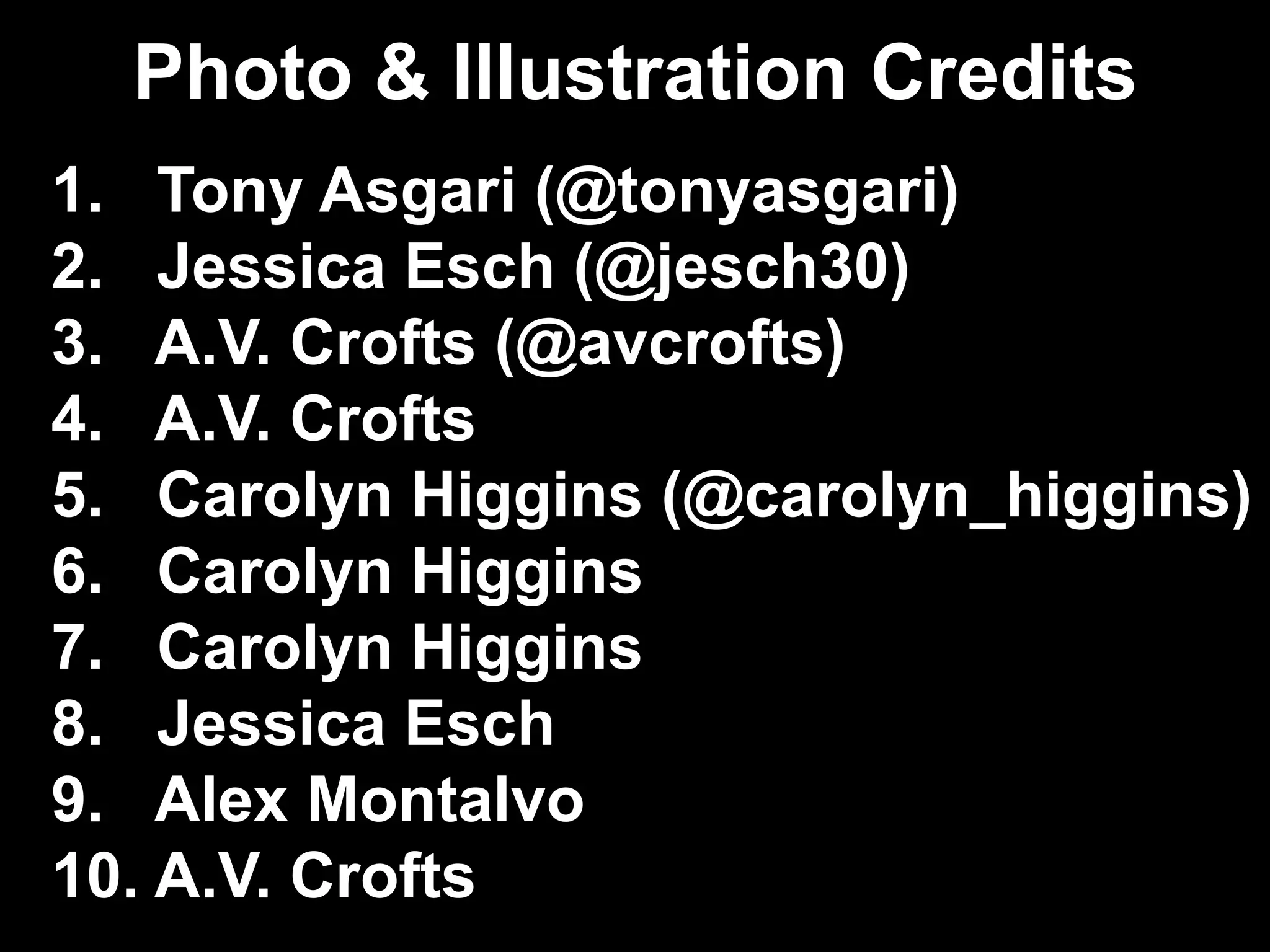 Photo & Illustration Credits
1. Tony Asgari (@tonyasgari)
2. Jessica Esch (@jesch30)
3. A.V. Crofts (@avcrofts)
4. A.V. Crofts
5. Carolyn Higgins (@carolyn_higgins)
6. Carolyn Higgins
7. Carolyn Higgins
8. Jessica Esch
9. Alex Montalvo
10. A.V. Crofts