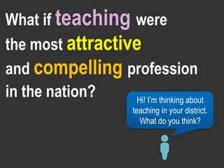0
What if teaching were
the most attractive
and compelling profession
in the nation? Hi! I’m thinking about
teaching in your district.
What do you think?
 
