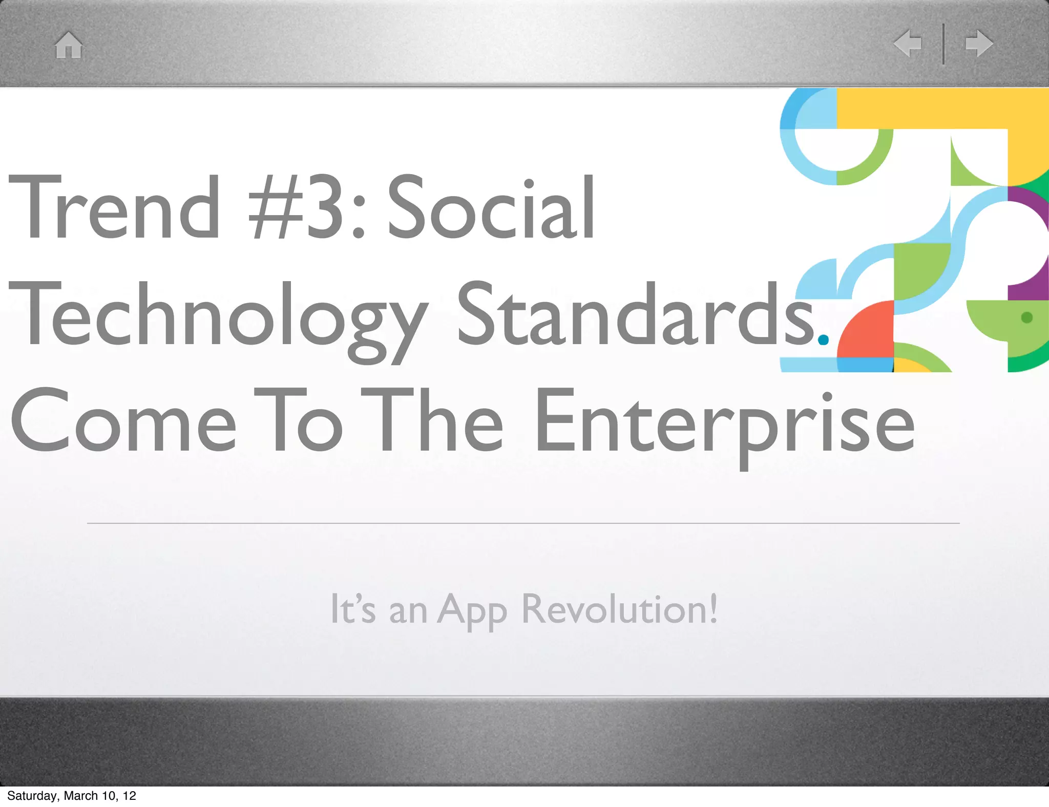Trend #3: Social
Technology Standards
Come To The Enterprise
                         It&rsquo;s an App Revolution!



Saturday, March 10, 12
 