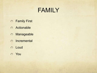 FAMILY
Family First
Actionable
Manageable
Incremental
Loud
You
 