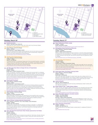 Monday, March 16th
Breakfast at Cenote
Cenote | 1010 East Cesar Chavez St.
Trendy spot for French pressed coffee, farm-fresh eats & local Rockstar Bagels.
The Rise of the Creative Economy
Gold | Platinum | Interactive Badge
12:30pm - 1:30pm
Salon D | JW Marriott
As design becomes an increasingly integral part of any successful business, companies
need to recruit and cultivate this creative talent. Join Adobe’s Scott Belsky and a panel
of design experts to hear about the shifts taking place in the creative field and the
challenges and opportunities these professionals face.
http://schedule.sxsw.com/2015/events/event_IAP42616
Lyft CEO Logan Green Wants to Change The Face of Transportation
Free with RSVP
2:00pm - 3:00pm
Exhibit Hall 5 | Austin Convention Center
As the “on-demand” ecosystem continues to expand and reinvent itself, it is changing
consumer expectations and transforming how businesses operate. Join Lyft Co-founder
and CEO Logan Green as he speaks to the challenges and early successes that has led
to Lyft to quickly becoming one of the fastest-growing tech companies, and share his
vision of how he plans to transform the face of transportation forever.
http://sxsw.com/interactive/news/2015/lyft-ceo-logan-green-will-drive-interactive-
keynote-monday-march-16
Virtual Reality Journalism
Gold | Platinum | Interactive Badge
3:30pm - 4:30pm
Zilker Ballroom 1 | Hyatt Regency Austin
Immersive technologies are delivering on the promise of letting audiences experience
their media and entertainment in new ways. Join a panel of leading technologists,
academics, and journalists at the cutting edge of storytelling to ask whether virtual
reality can affect how users empathize with and better understand international events.
http://schedule.sxsw.com/2015/events/event_IAP38995
Future15: Why Invention is Bad for Business
Gold | Platinum | Interactive Badge
4:00pm - 4:15pm
Ballroom B | Austin Convention Center
Taking advantage of existing tech can sometimes be more beneficial than constantly
looking to innovate. Curtis Hougland, CEO at Attention, will talk about how harnessing
and repurposing past innovations could impact and improve marketing material.
http://schedule.sxsw.com/2015/events/event_IAP41953
Game of Thrones: Creating Immersive Entertainment
Gold | Platinum | Interactive | Film | Music Badge | Artist Wristband
5:00pm - 6:00pm
Ballroom AB | Four Seasons
Finding ways to interact with fans between purchases or episodes is a challenge for
any brand. Join Sabrina Caluori, VP Digital & Social Media at HBO as she talks about
how to create emotional, layered, cross-channel experiences that keep audiences
engaged all year round.
http://schedule.sxsw.com/2015/events/event_IAP40713
Party: The Onion & AV Club Present: Manic Monday (sponsored by TGI Fridays)
Free with RSVP
4:00pm - 12:00am
Red 7 | 611 East 7th St.
Come enjoy a musical lineup including Courtney Barnett, Real Estate, Wooden Wisdom
(Elijah Wood and Zach Cowie) and METZ at Red 7, along with drinks food and a bar
exhibit sposored by TGI Fridays.
https://www.eventbrite.com/e/the-onion-av-club-present-manic-monday-sponsored-
by-tgi-fridays-tickets-15765941355
The Case for Design Thinking In Communications
Gold | Platinum | Interactive Badge
9:30am - 10:30am
Zilker Ballroom 3 | Hyatt Regency Austin
Learn how implementing a design thinking approach will not only improve your team’s
problem solving skills and creative idea output, but also fundamentally change the
value of your brand marketing and communications.
http://schedule.sxsw.com/2015/events/event_IAP36958
Dr. Astro Teller from Google [x]
Free with RSVP
2:00pm - 3:00pm
Exhibit Hall 5 | Austin Convention Center
Hear the head of Google [x] Dr. Astro Teller shed some light into his moonshot
factory for building magical, audaciously impactful ideas that can be brought to
reality through science and technology.
http://sxsw.com/interactive/news/2015/tuesday-keynote-and-more-all-star-
programming-added-2015-event
Home Smart Home: The Future Conscious Home
Gold | Platinum | Interactive Badge
3:30pm - 4:30pm
Room 208 | JW Marriott
Just a few years ago, the idea of a smart home was only a dream, but its full
potential is still being realized. Join industry experts as they predict the rise of a
conscious home that will know your schedule, your wants and your needs.
http://schedule.sxsw.com/2015/events/event_IAP36110
Reimagining Classic Services for Millennials
Gold | Platinum | Interactive Badge
11:00am - 12:00pm
Salon K | Hilton Austin Downtown
History is filled with examples of classic products or services being repackaged
or updated for evolving audiences. This panel discussion evaluated the evolution
of classic products and services, and how the way the service experience need
to change.
http://schedule.sxsw.com/2015/events/event_IAP43185
Party: PayPal Social Media Lounge:
9:00am - 5:00pm
Austin Convention Center
http://rsvpster.com/party/paypal-social-media-lounge-day-1/
Party: 2015 SXSW Interactive Innovation Awards
6:00pm : Pre-Party Begins
7:00pm :Award Ceremony
6th floor | Hilton Austin Downtown
The digital industry is constantly evolving and broadening in scope. Join in as
SXSW honors the best and latest advancements in platforms, apps, and devices
of 2014, and the people who made them happen.
http://sxsw.com/interactive/awards/interactive-awards
Party: Interactive Closing Party
9:00pm - 12:00am
Stubb's | 801 Red River St.
Join the festivities at the Media Temple closing party to celebrate the best of
SXSW.
http://mediatemple.net/sxsw/
Austin Things To See - HOPE Outdoor Gallery:
Check out this cool outdoor gallery featuring an ever-changing wall space that
provides muralists, graffiti artists and community groups the opportunity to
display large scale art pieces driven by inspirational, positive and educational
messaging.
https://www.facebook.com/HOPEOutdoorGallery
Tuesday, March 17th
Lunch at Clay Pit
Clay Pit | 1601 Guadalupe St.
Welcoming brick-walled restaurant serving contemporary Indian Cuisine with
over 100 wine selections.
DOWNTOWN
AUSTIN
DOWNTOWN
AUSTIN
 