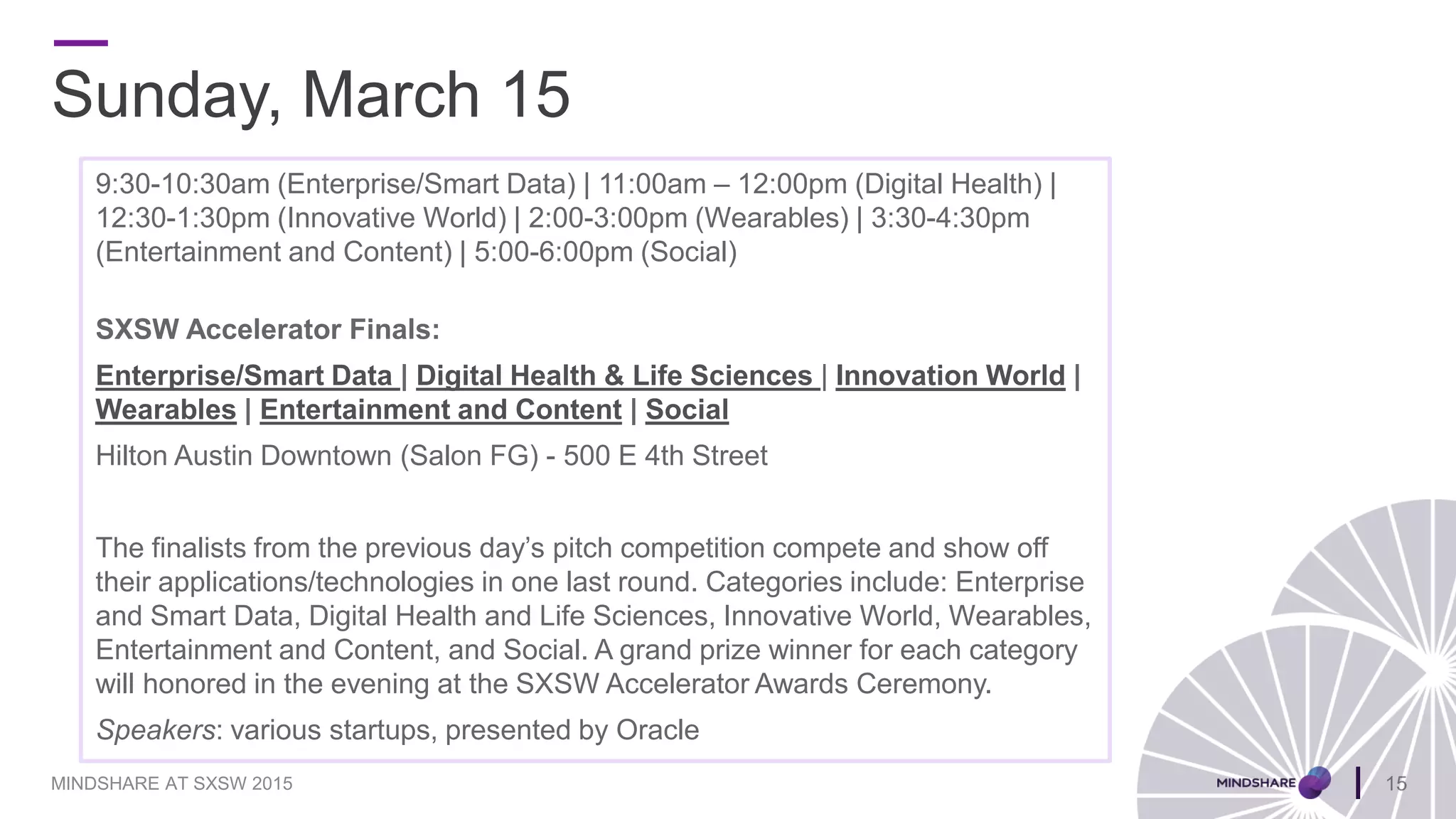 Sunday, March 15
9:30-10:30am (Enterprise/Smart Data) | 11:00am – 12:00pm (Digital Health) |
12:30-1:30pm (Innovative World) | 2:00-3:00pm (Wearables) | 3:30-4:30pm
(Entertainment and Content) | 5:00-6:00pm (Social)
SXSW Accelerator Finals:
Enterprise/Smart Data | Digital Health & Life Sciences | Innovation World |
Wearables | Entertainment and Content | Social
Hilton Austin Downtown (Salon FG) - 500 E 4th Street
The finalists from the previous day’s pitch competition compete and show off
their applications/technologies in one last round. Categories include: Enterprise
and Smart Data, Digital Health and Life Sciences, Innovative World, Wearables,
Entertainment and Content, and Social. A grand prize winner for each category
will honored in the evening at the SXSW Accelerator Awards Ceremony.
Speakers: various startups, presented by Oracle
15MINDSHARE AT SXSW 2015
 
