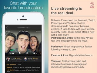 3OBJECT 9
Live streaming is
the real deal.
Between Facebook Live, Meerkat, Twitch,
Periscope and YouNow, the live
streaming world has never been as
exciting. A face-to-face with your favorite
celebrity (read: social media star) is now
just a click away.
Participation Media is the new KPI as
real time engagement is the focus.
Periscope: Great to grow your Twitter
following + easy to use.
Facebook Live: Big celebrities/brands.
YouNow: Split-screen video and
interview functions. Leverages an
immensely positive community.
 